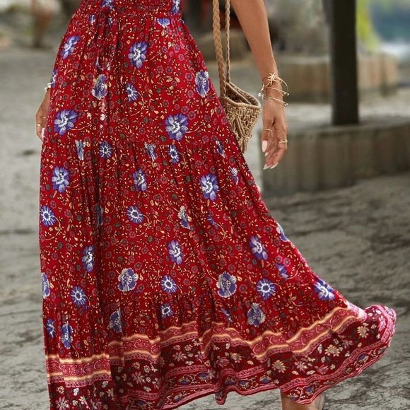 Red boho Womens Floral Print Ruffle Hem Skirt - Picture 2 of 5